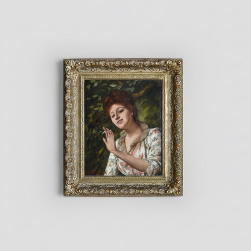 Alfred Mendoza Woman Smoking 1887 portrait on black background showing full ornate frame