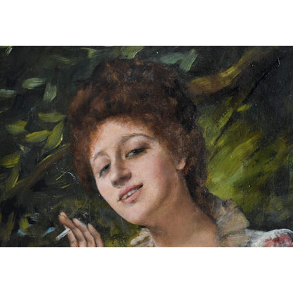 Alfred Mendoza 1887 original oil painting Victorian woman smoking cigarette ornate gold frame