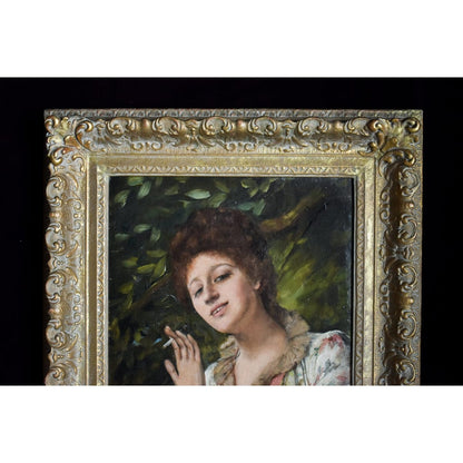 Alfred Mendoza 1887 original oil painting Victorian woman smoking cigarette ornate gold frame