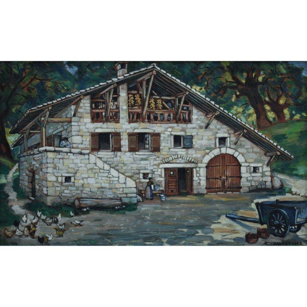 Close-up detail of Dauphinoise farm architecture André Chabert 1942 oil
