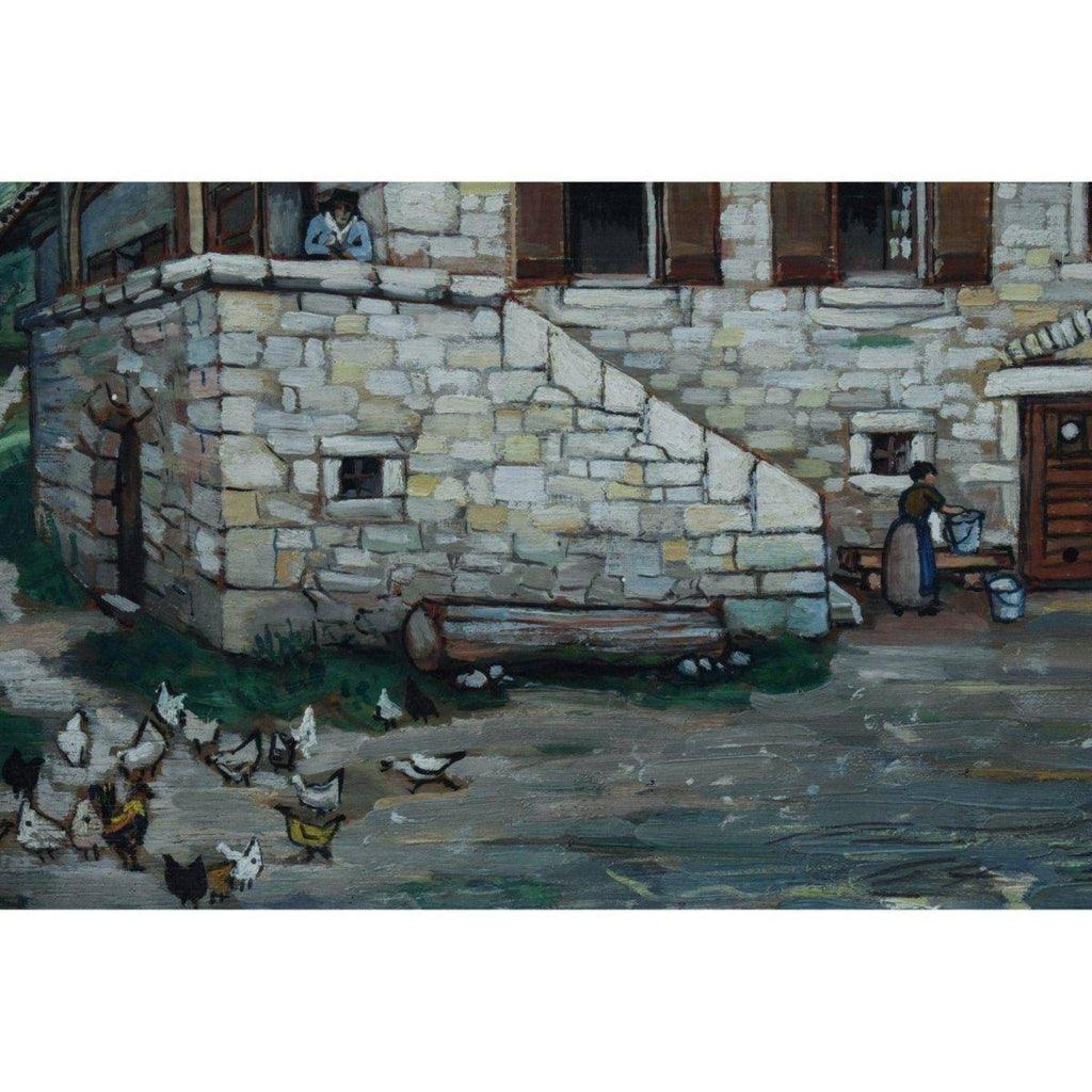 Detail view of stone farm and landscape André Chabert 1942 oil on wood
