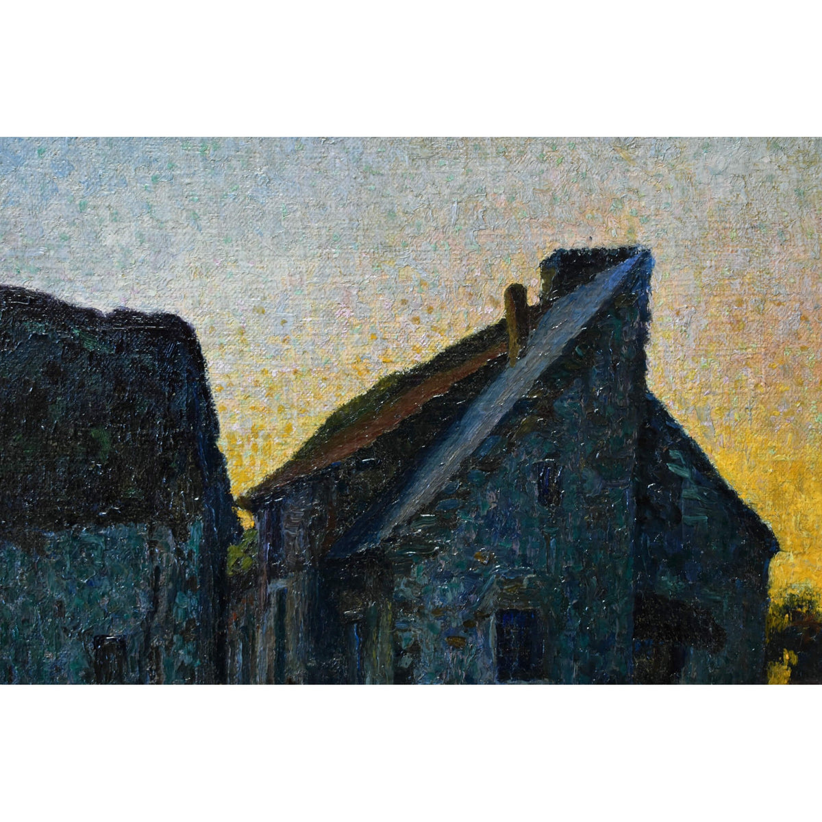 Original antique oil painting farm at sunset scene Impressionist landscape by Henri Laigneau for sale at Winckelmann Gallery