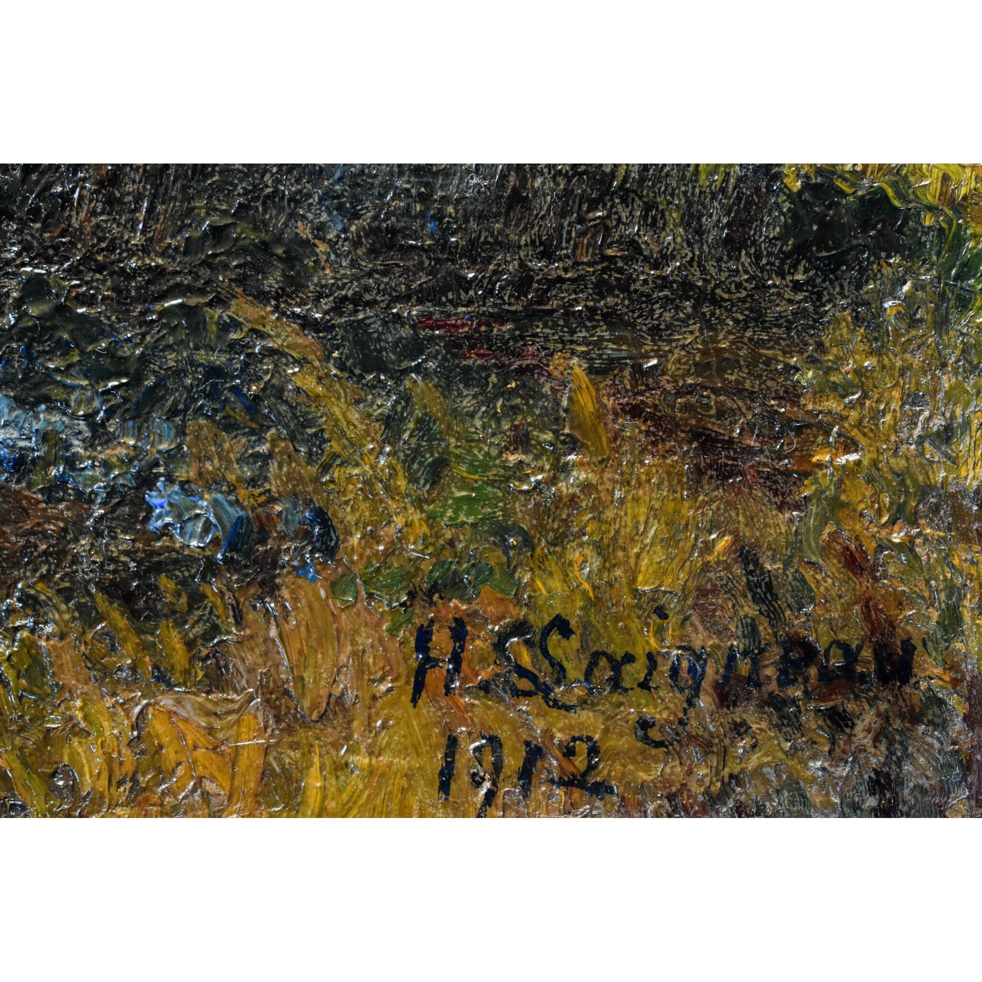 Original antique oil painting farm at sunset scene Impressionist landscape by Henri Laigneau for sale at Winckelmann Gallery