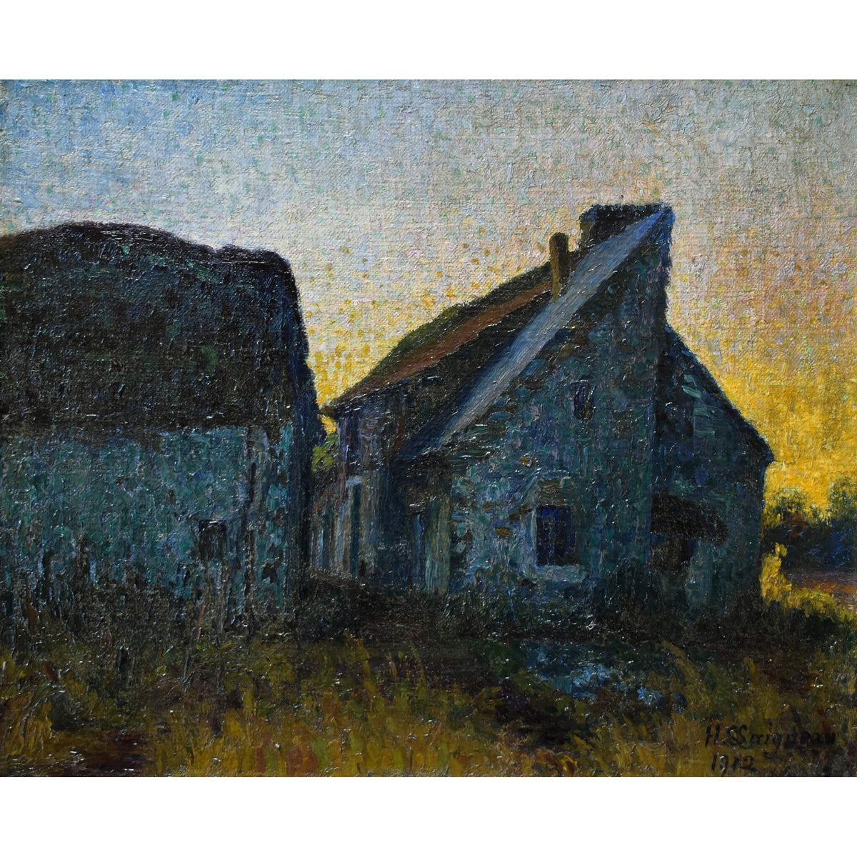 Original antique oil painting farm at sunset scene Impressionist landscape by Henri Laigneau for sale at Winckelmann Gallery