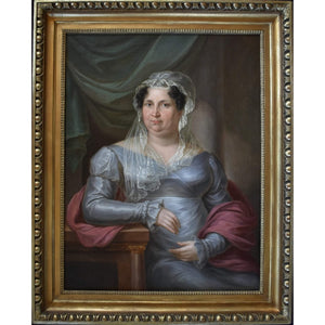 Original 1822 oil painting by Anton Bayer, seated woman in Empire dress, for sale at Winckelmann Gallery