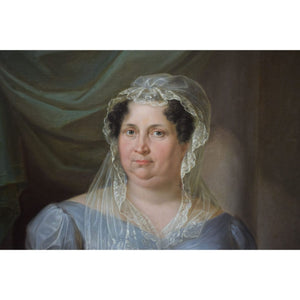Original 1822 oil painting by Anton Bayer, seated woman in Empire dress, for sale at Winckelmann Gallery