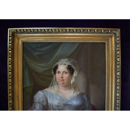 Original 1822 oil painting by Anton Bayer, seated woman in Empire dress, for sale at Winckelmann Gallery