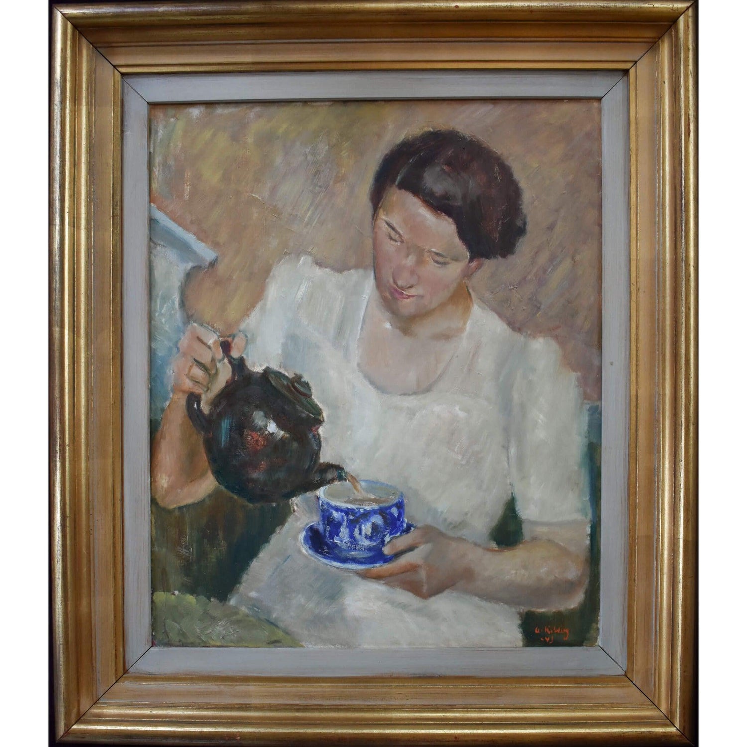 Vintage scene painting by Arne Kilsby depicting a woman gracefully pouring a cup of tea. For sale at Winckelmann Gallery