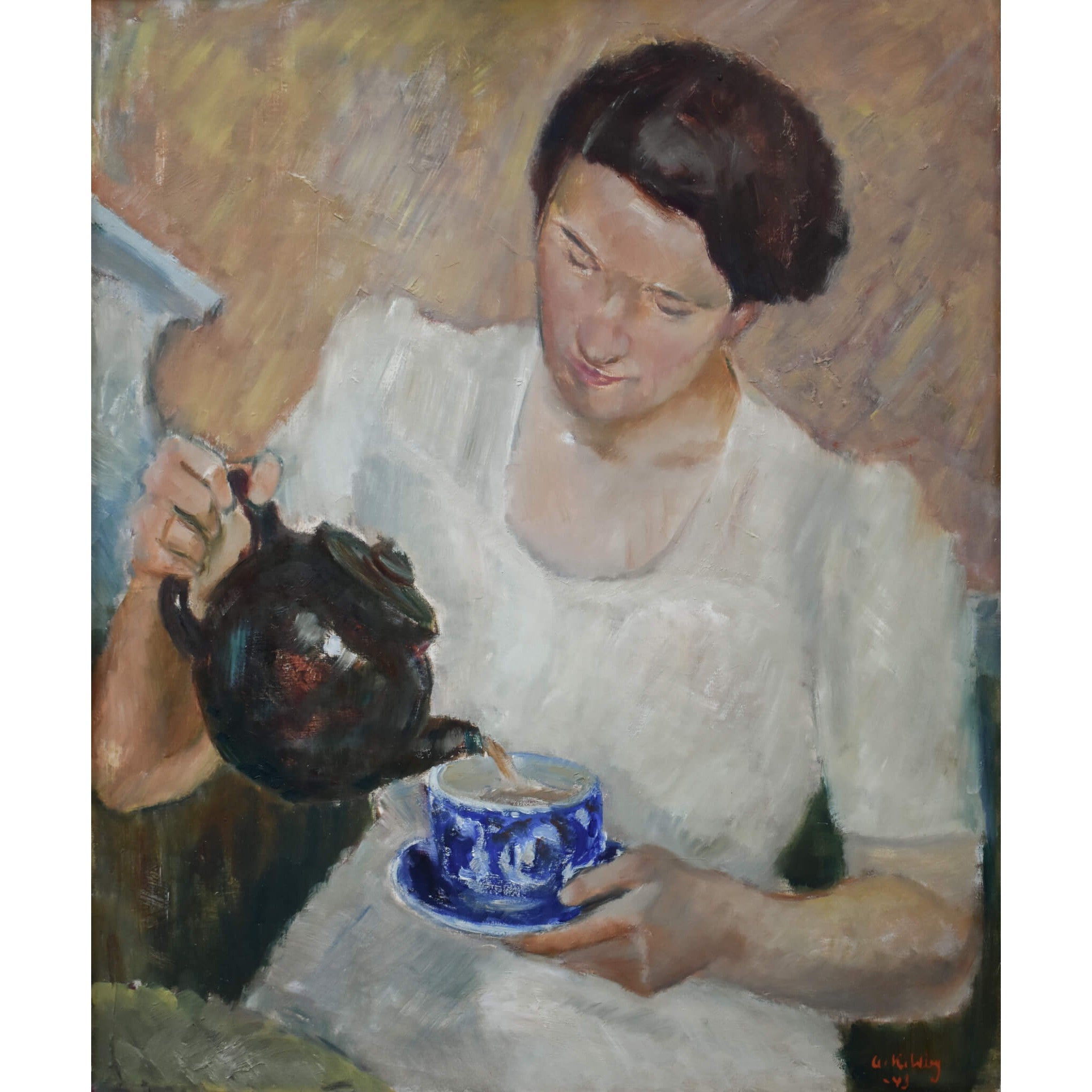 Vintage scene painting by Arne Kilsby depicting a woman gracefully pouring a cup of tea. For sale at Winckelmann Gallery