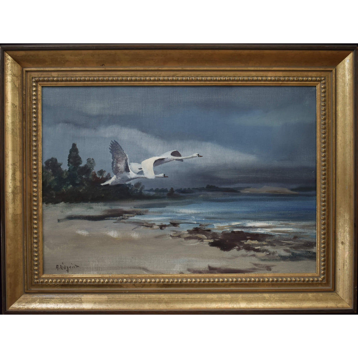 Vintage landscape oil painting swans over a sandy beach by Swedish artist Arne Lidqvist for sale at Winckelmann Gallery