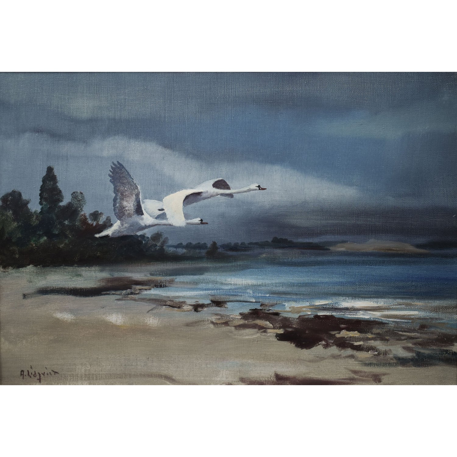 Vintage landscape oil painting swans over a sandy beach by Swedish artist Arne Lidqvist for sale at Winckelmann Gallery