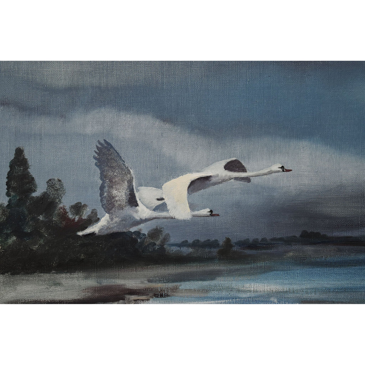 Vintage landscape oil painting swans over a sandy beach by Swedish artist Arne Lidqvist for sale at Winckelmann Gallery