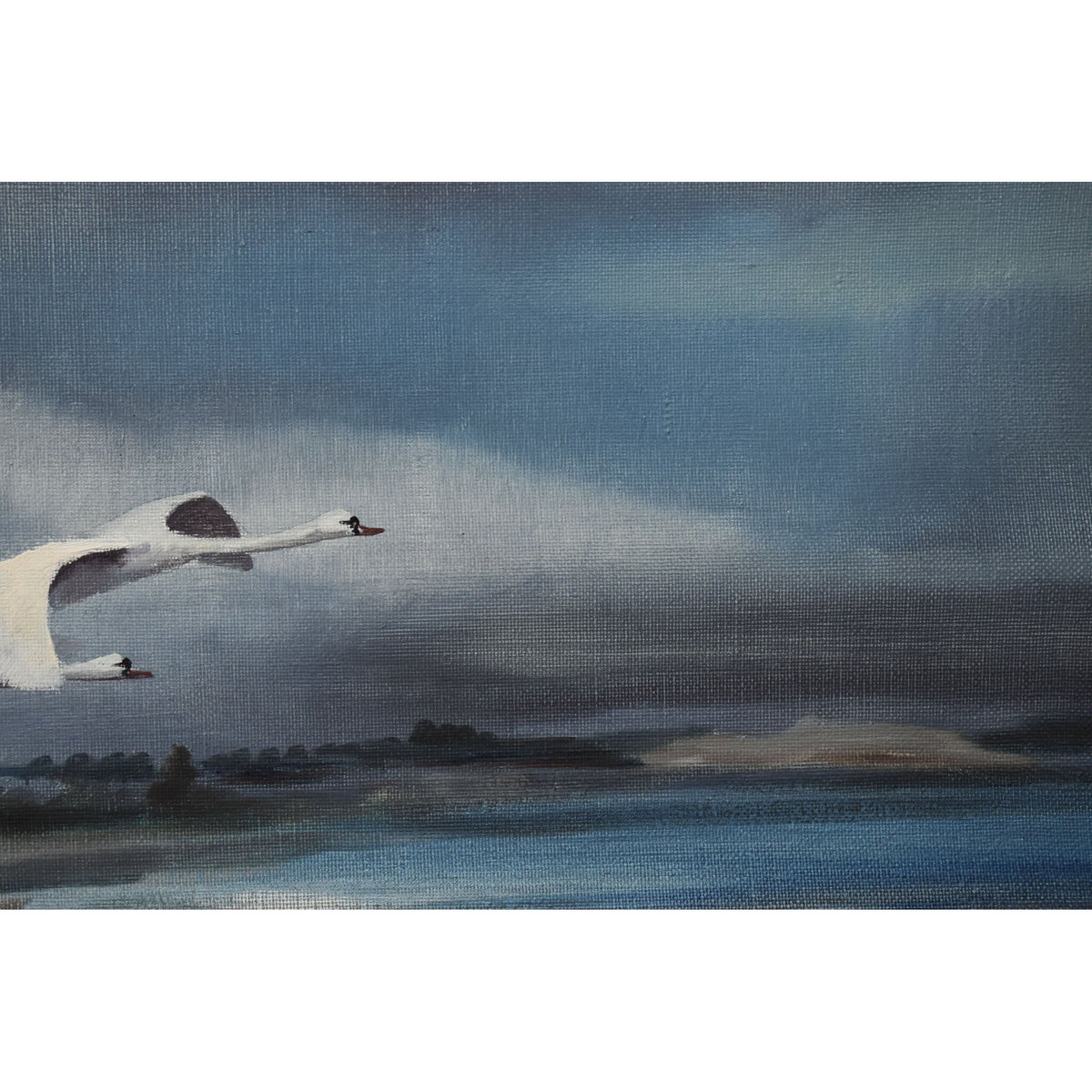 Vintage landscape oil painting swans over a sandy beach by Swedish artist Arne Lidqvist for sale at Winckelmann Gallery