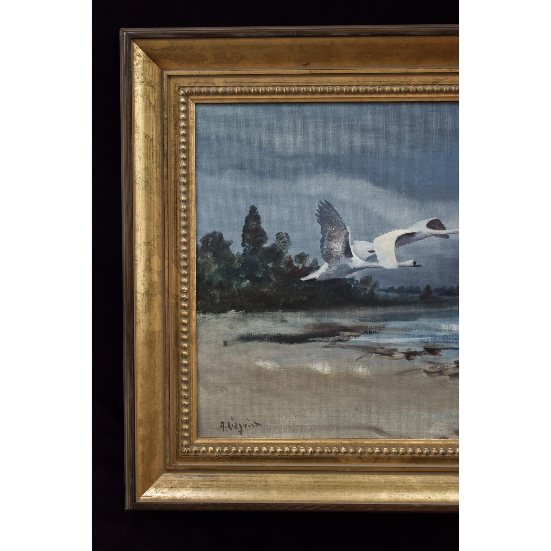 Vintage landscape oil painting swans over a sandy beach by Swedish artist Arne Lidqvist for sale at Winckelmann Gallery