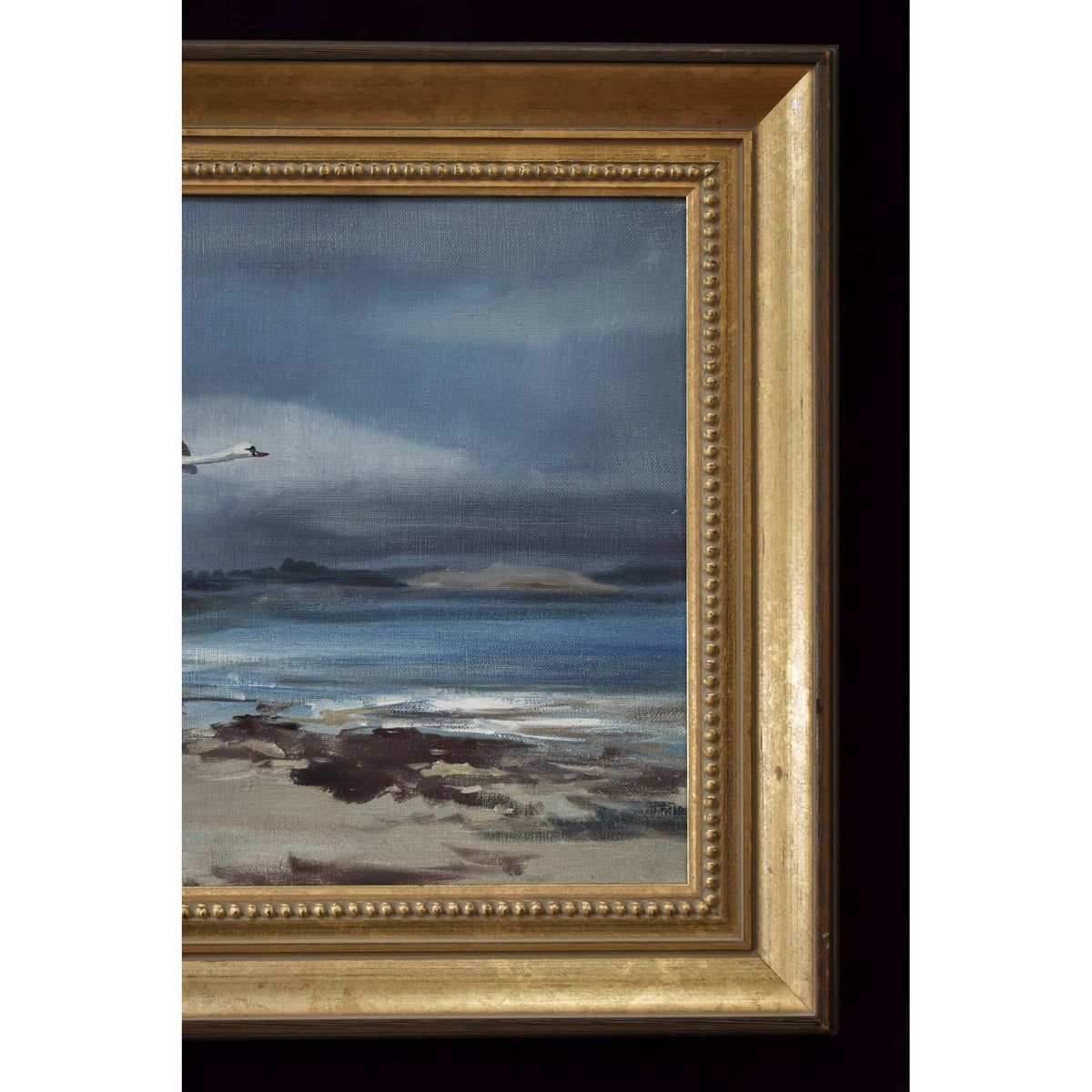 Vintage landscape oil painting swans over a sandy beach by Swedish artist Arne Lidqvist for sale at Winckelmann Gallery