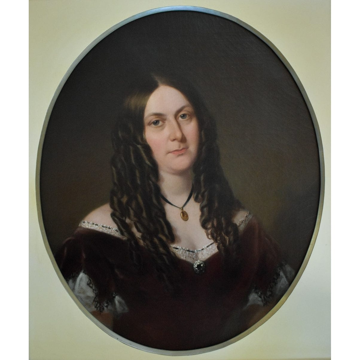 Close-up detail Charlotte Waddell face and jewelry Miles 1867
