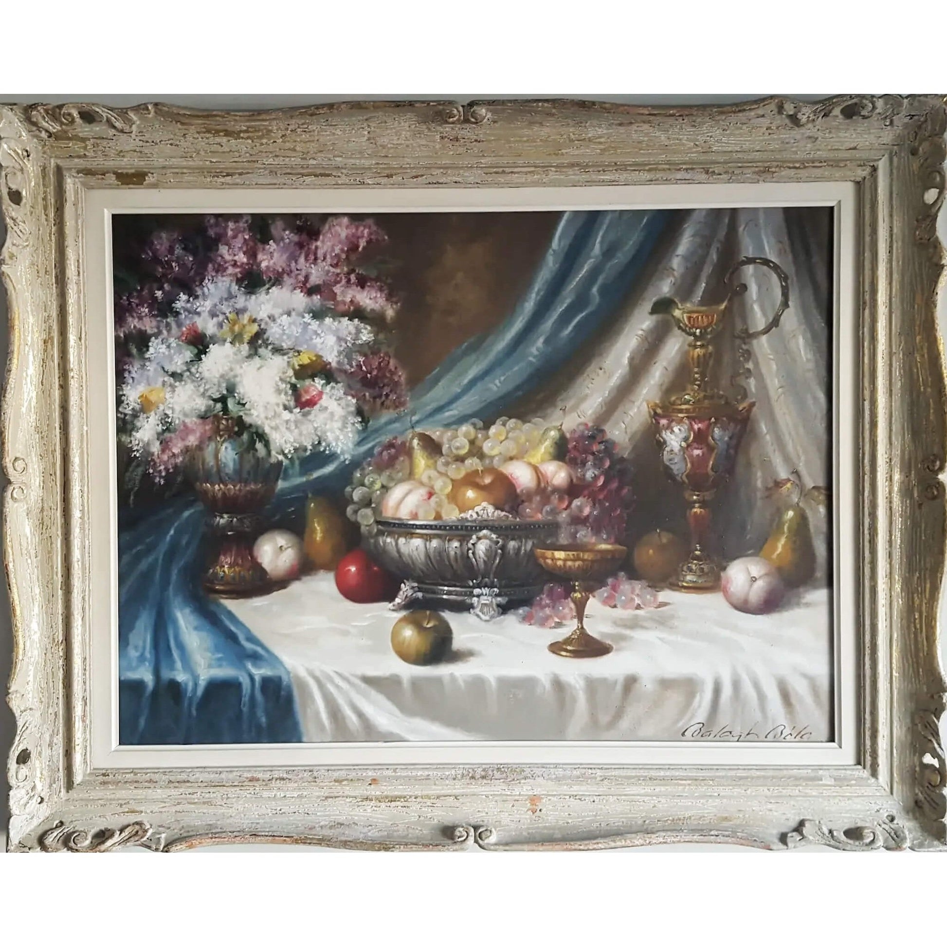 Vintage still life oil painting flowers and fruits circa 1950 by Bela Balogh for sale at Winckelmann Gallery