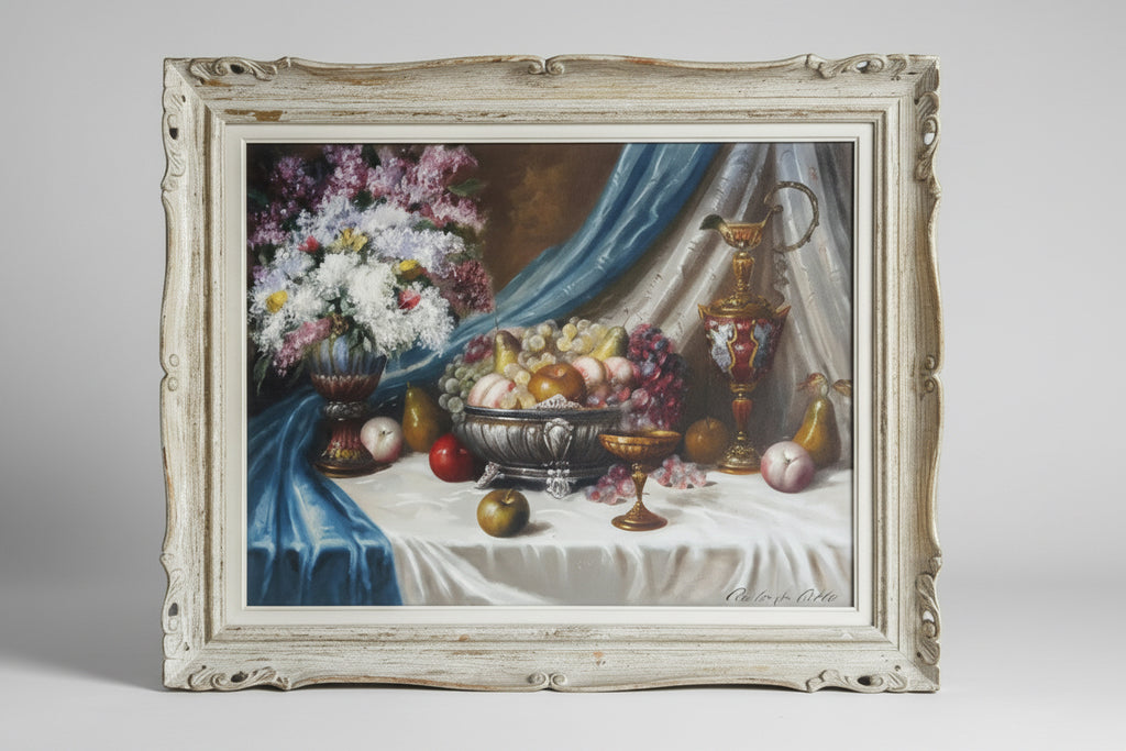 Béla Balogh 1950 still life fruit flowers goblets full view frame
