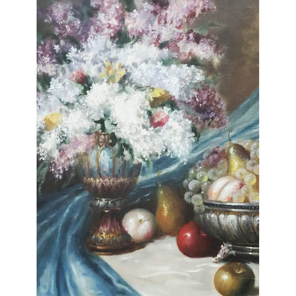 Still life painting by Béla Balogh with flowers, fruit, goblets – oil on canvas, circa 1950, in ornate white and gold carved frame