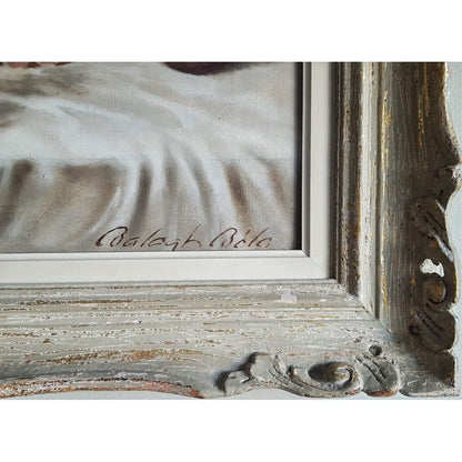 Still life painting by Béla Balogh with flowers, fruit, goblets – oil on canvas, circa 1950, in ornate white and gold carved frame