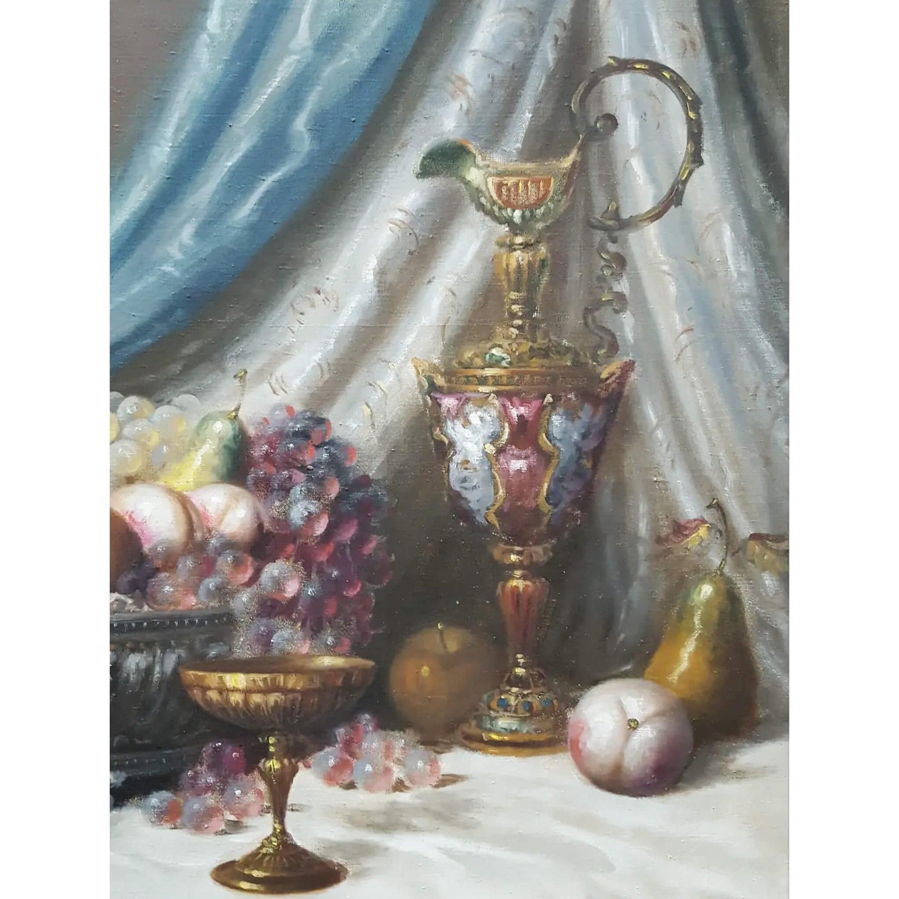 Vintage still life oil painting flowers and fruits circa 1950 by Bela Balogh for sale at Winckelmann Gallery