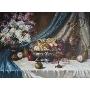 Vintage oil painting by Bela balogh depicting a still life with flowers, fruit, and goblets for sale at Winckelmann Gallery