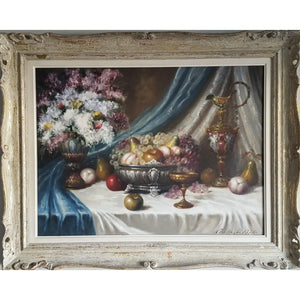 Vintage oil painting by Bela balogh depicting a still life with flowers, fruit, and goblets for sale at Winckelmann Gallery
