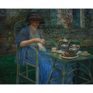 Vintage oil painting depicting a scene of breakfast in the garden after Frederick Carl Frieseke for sale at Winckelmann Gallery
