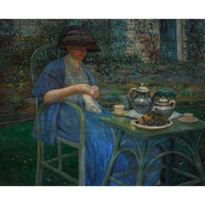 Oil painting of woman at garden tea table, after Frieseke, c.1930 French School, for sale at Winckelmann Gallery