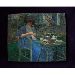 Oil painting of woman at garden tea table, after Frieseke, c.1930 French School, for sale at Winckelmann Gallery