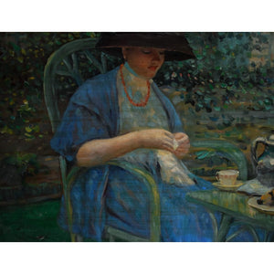 Oil painting of woman at garden tea table, after Frieseke, c.1930 French School, for sale at Winckelmann Gallery.