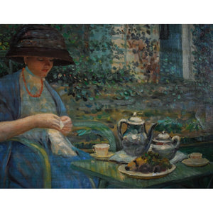 Oil painting of woman at garden tea table, after Frieseke, c.1930 French School, for sale at Winckelmann Gallery.
