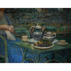 Oil painting of woman at garden tea table, after Frieseke, c.1930 French School, for sale at Winckelmann Gallery.