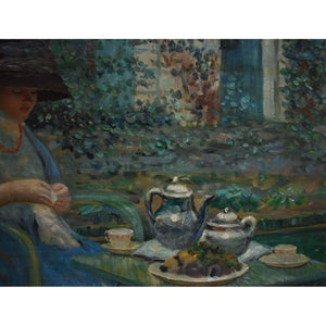 Oil painting of woman at garden tea table, after Frieseke, c.1930 French School, for sale at Winckelmann Gallery.