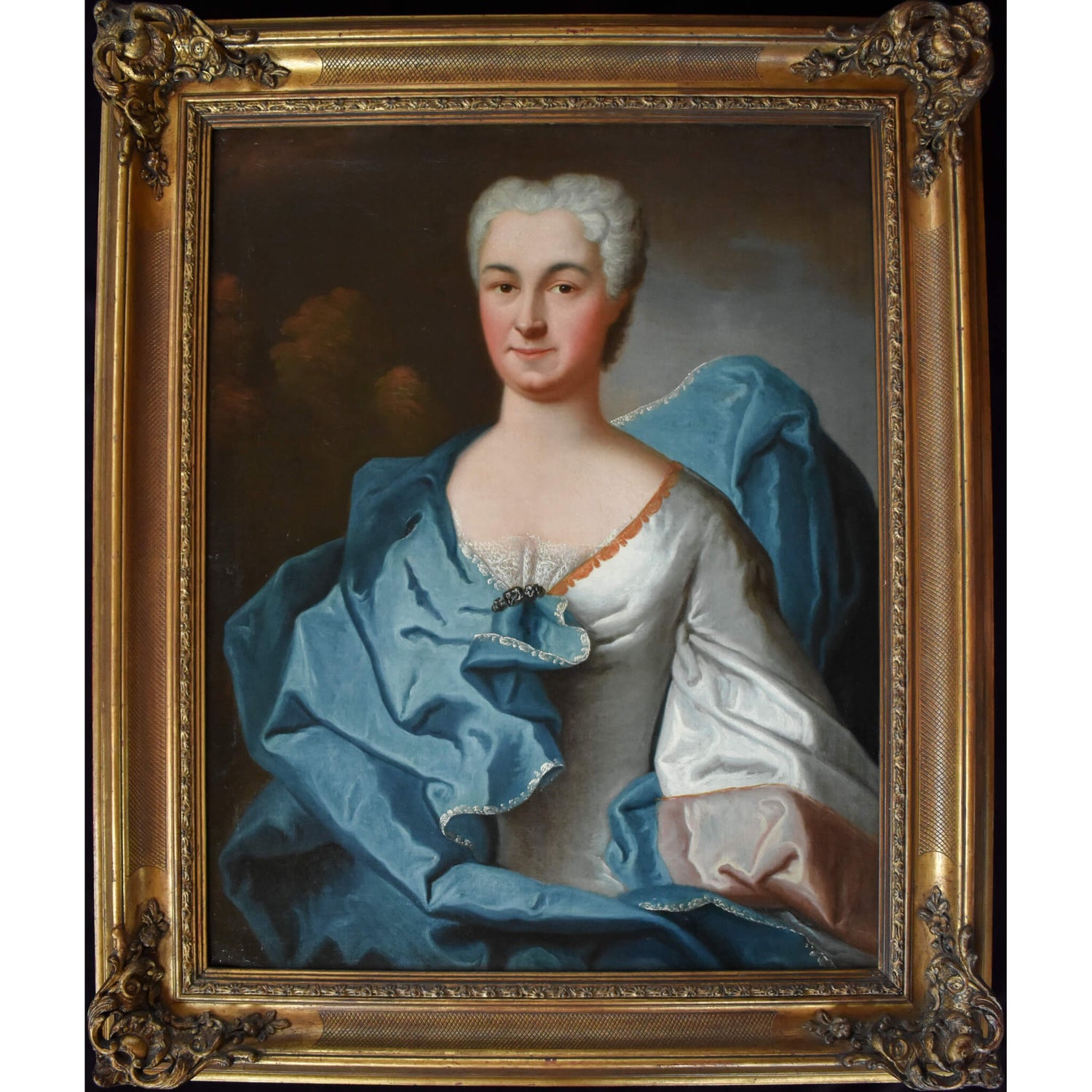 Antique portrait oil painting depicting the countess of Flers made 1734 by Charles Baziray for sale at Winckelmann Gallery