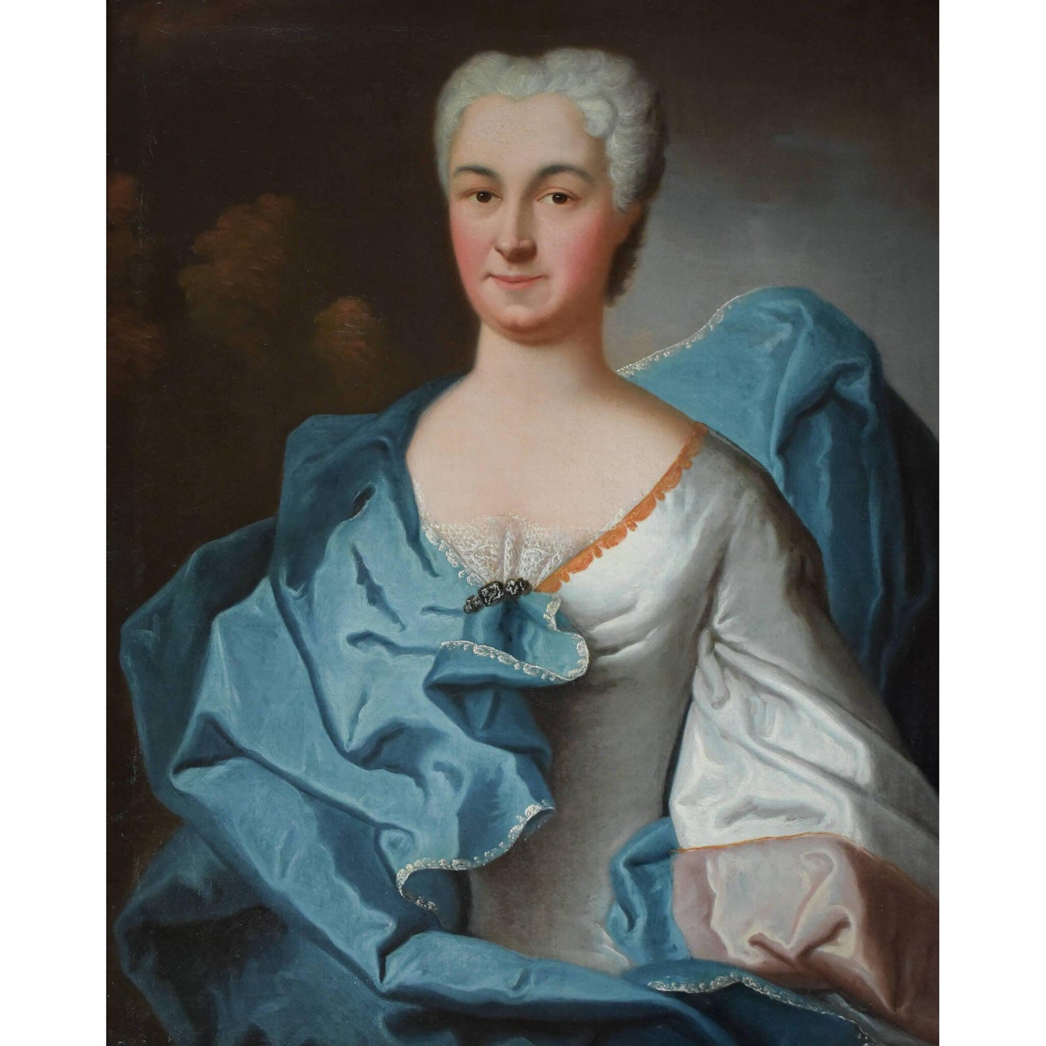 Antique portrait oil painting depicting the countess of Flers made 1734 by Charles Baziray for sale at Winckelmann Gallery