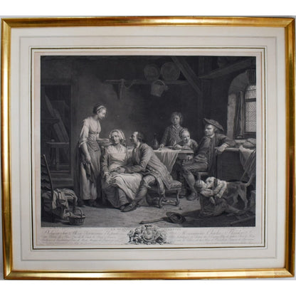 Framed 18th-century engraving by Bervic, La Demande Acceptée, French marriage scene after Lépicié, for sale at Winckelmann Gallery.