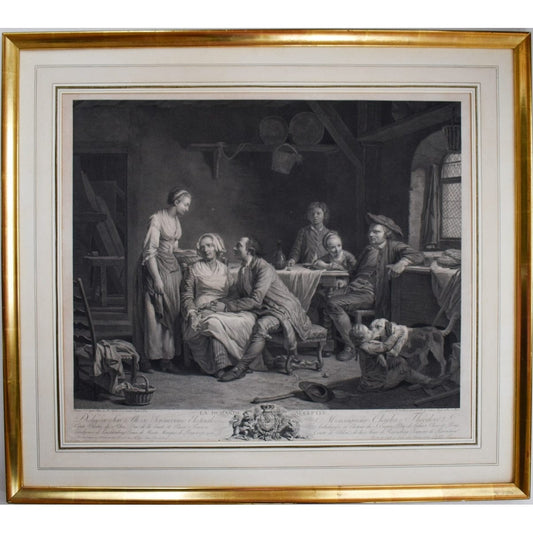 Framed 18th-century engraving by Bervic, La Demande Acceptée, French marriage scene after Lépicié, for sale at Winckelmann Gallery.