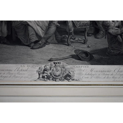 Framed 18th-century engraving by Bervic, La Demande Acceptée, French marriage scene after Lépicié, for sale at Winckelmann Gallery.