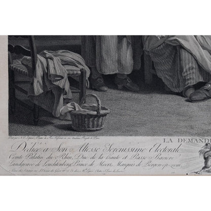 Framed 18th-century engraving by Bervic, La Demande Acceptée, French marriage scene after Lépicié, for sale at Winckelmann Gallery.