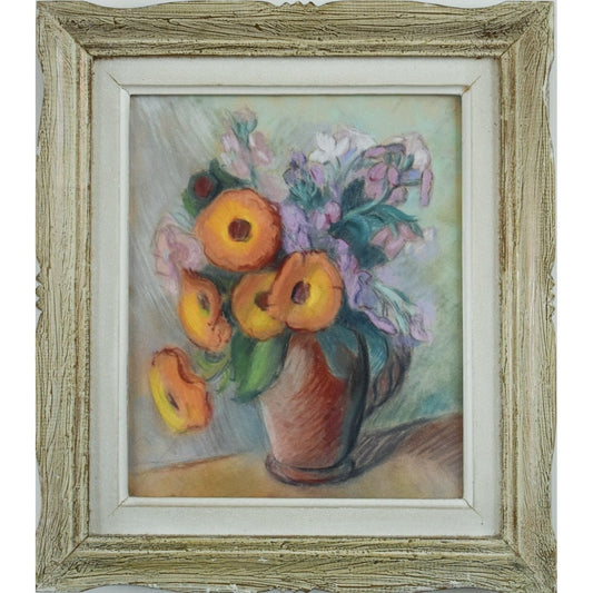Claire Demartinécourt original pastel painting floral still life orange flowers terracotta vase Montparnasse frame