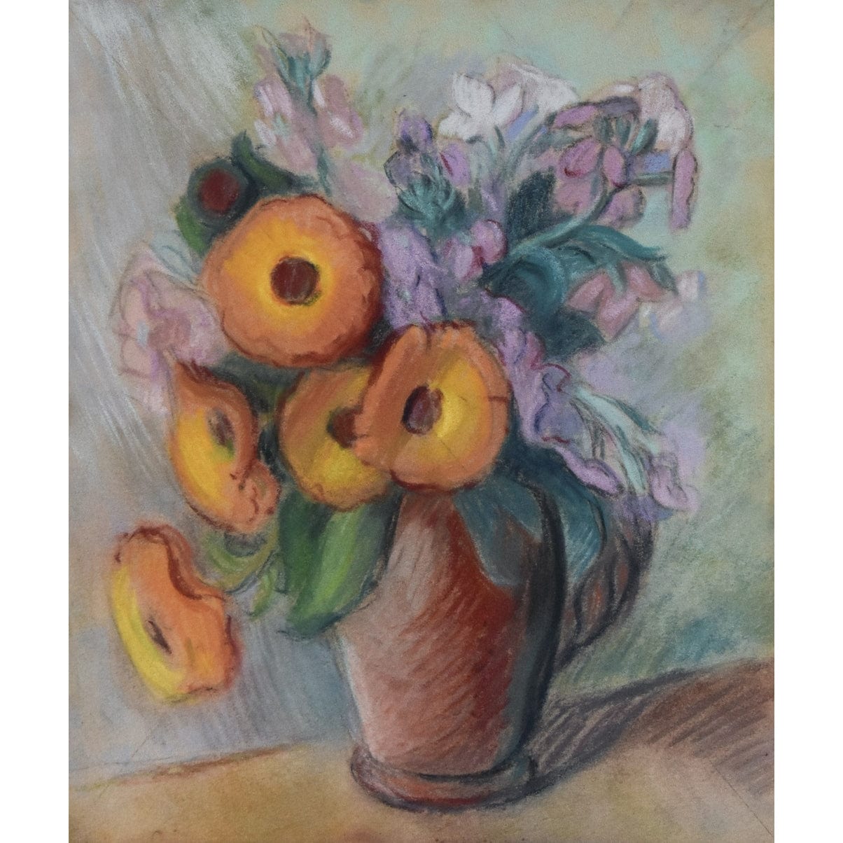 Claire Demartinécourt original pastel painting floral still life orange flowers terracotta vase Montparnasse frame