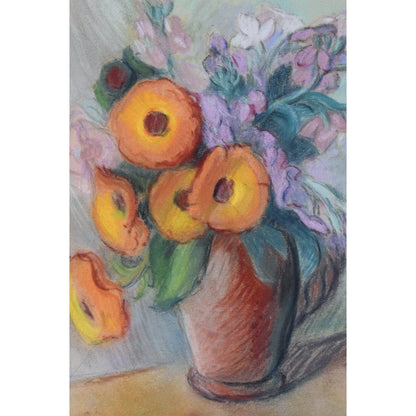 Claire Demartinécourt original pastel painting floral still life orange flowers terracotta vase Montparnasse frame