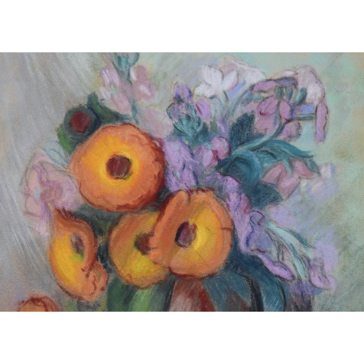 Claire Demartinécourt original pastel painting floral still life orange flowers terracotta vase Montparnasse frame