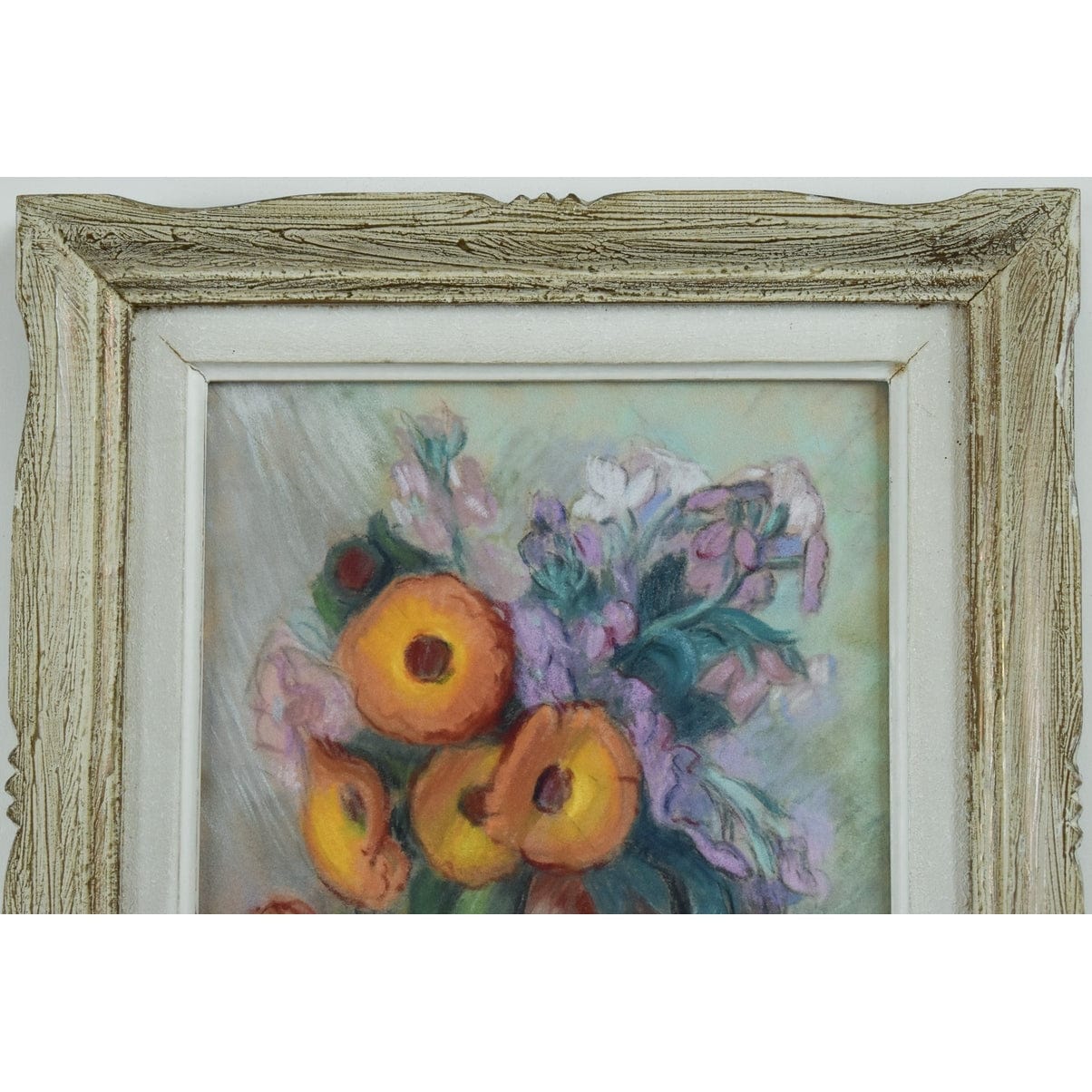 Claire Demartinécourt original pastel painting floral still life orange flowers terracotta vase Montparnasse frame