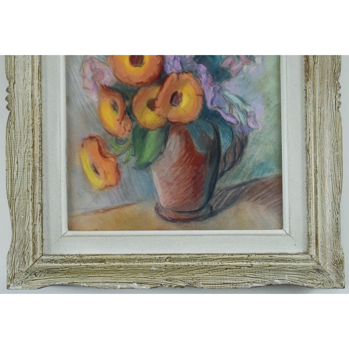 Claire Demartinécourt original pastel painting floral still life orange flowers terracotta vase Montparnasse frame