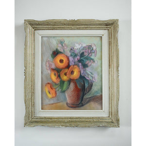 Vintage still life pastel painting, flowers in a vase circa 1950, by Claire Demartinécourt, for sale at Winckelmann Gallery