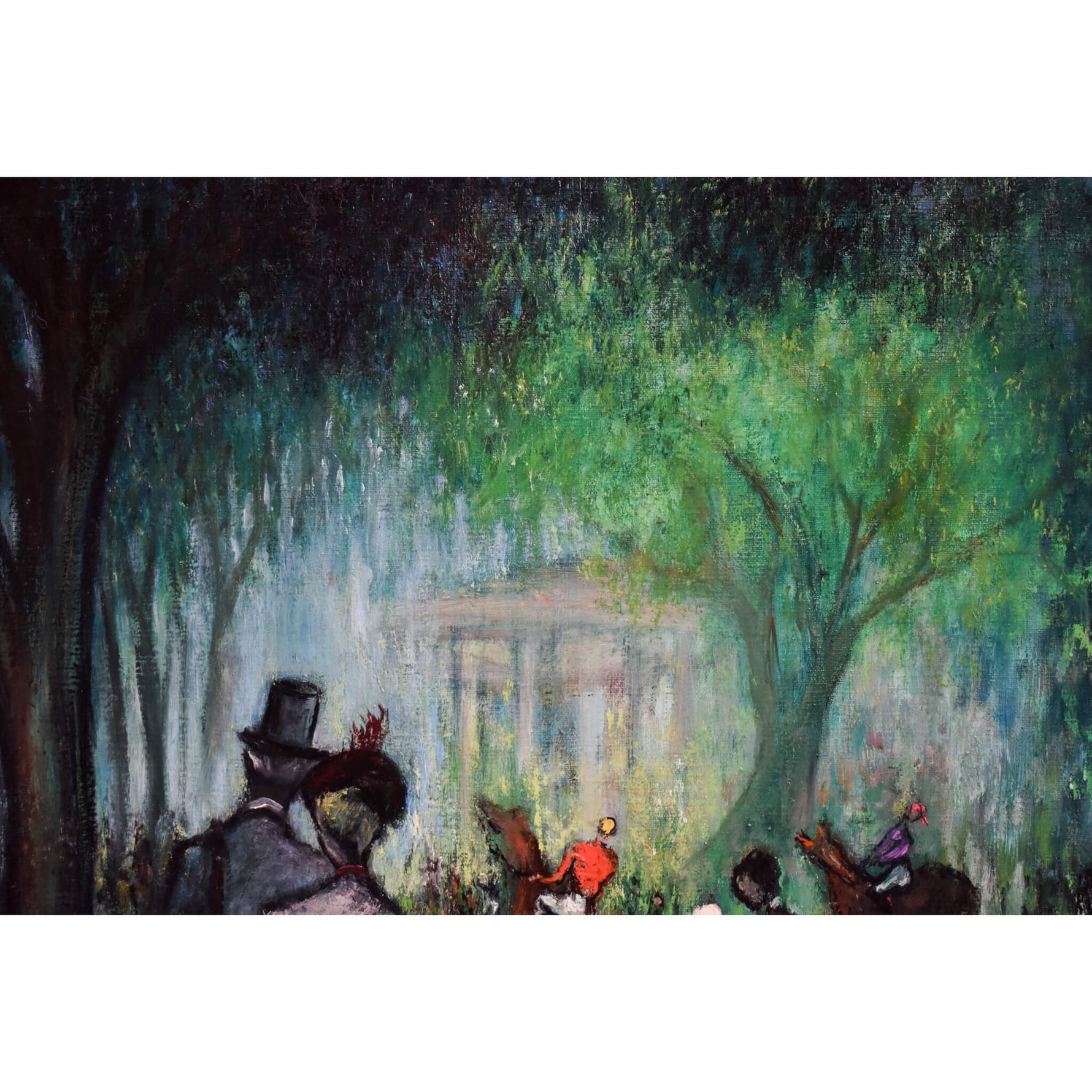Original vintage oil painting by Claudine Déséglise depicting a mundane scene of a racecourse for sale at Winckelmann Gallery