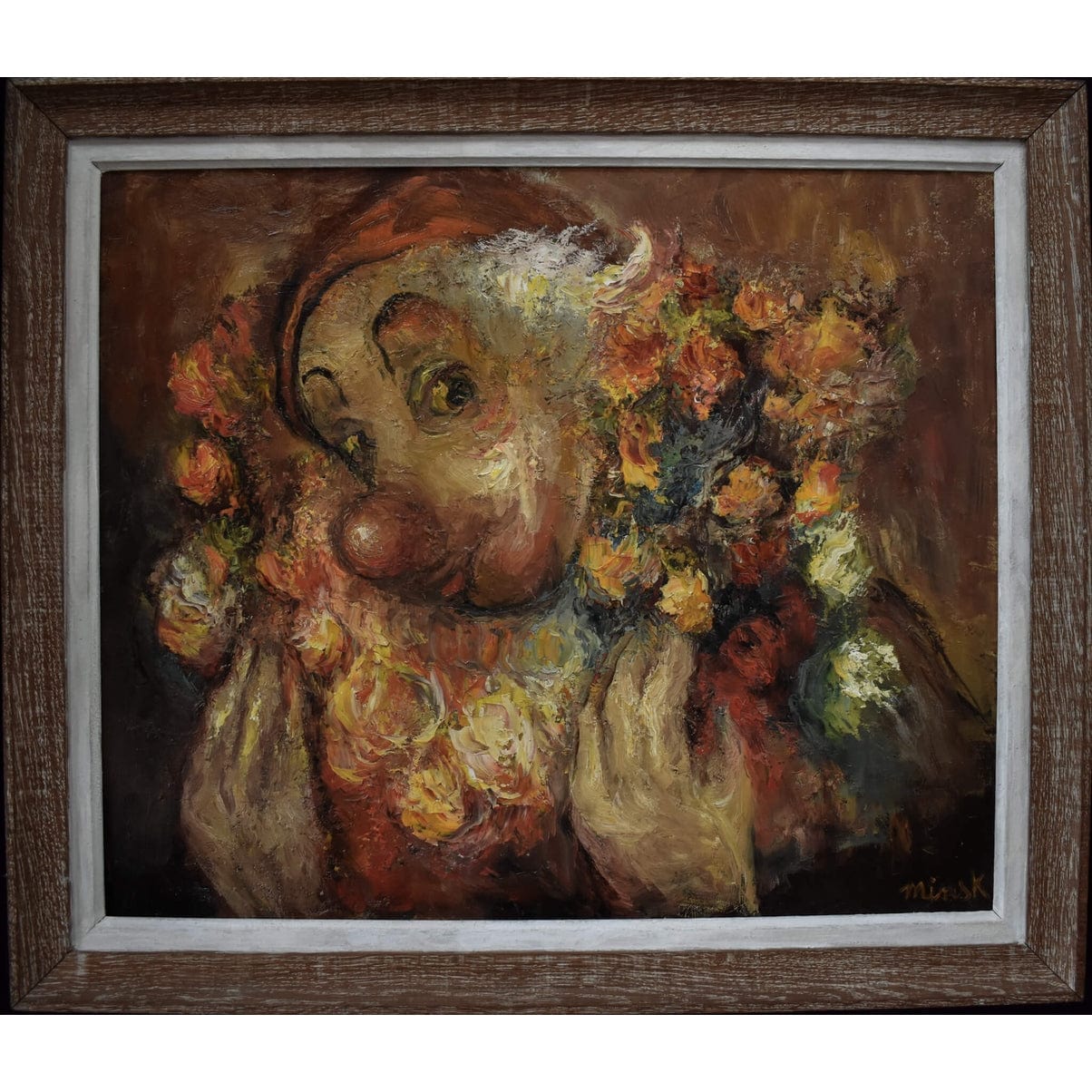 Minsk c.1970 clown with roses expressionist oil painting in frame

