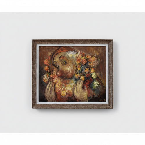 Minsk clown portrait with rose wreath full view Paris School painting
